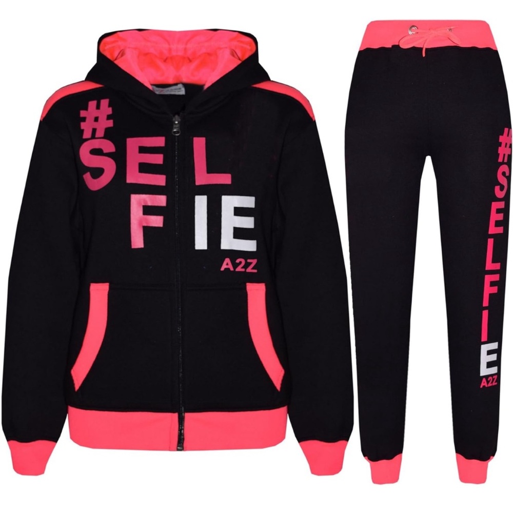 Kids Girls #Selfie Jogging Suit Hooded Tracksuit Tops Joggers